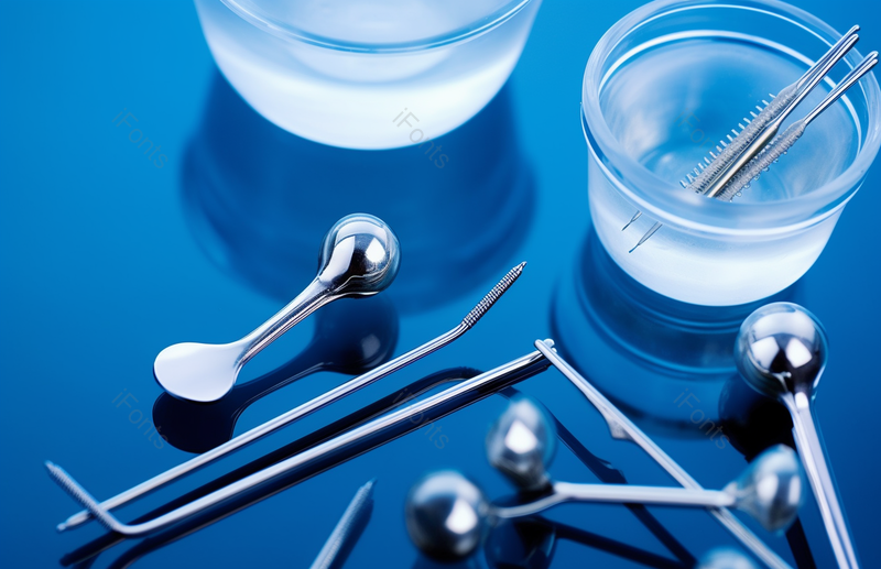 蓝色背景不锈钢金属医疗工具玻璃透明器皿实拍图,高清,摄影图,摄影图片,图片大全,摄影图免费下载